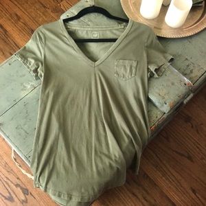 Vintage Wash Army Green V-Neck Tee with Pocket